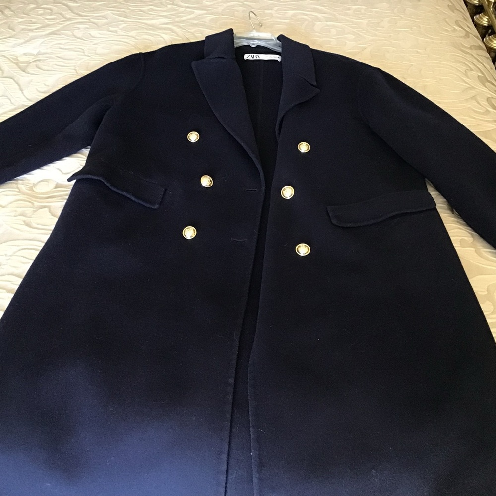 Zara Dark Navy Blue Coat with Gold Accents - Picture 6 of 11